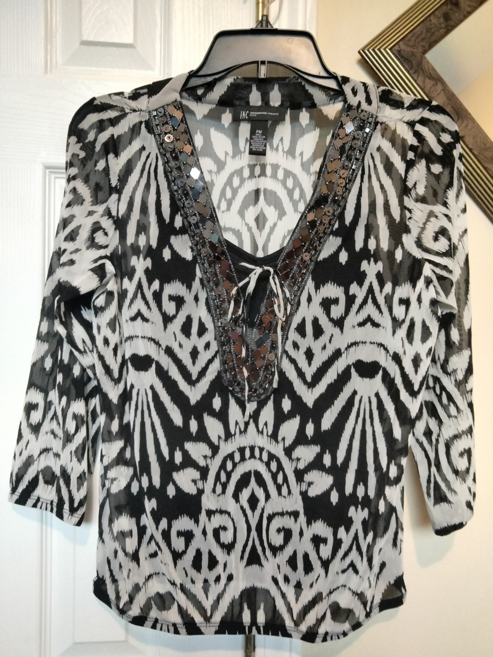 INC International Concepts Black and White Beaded V-Neck Top